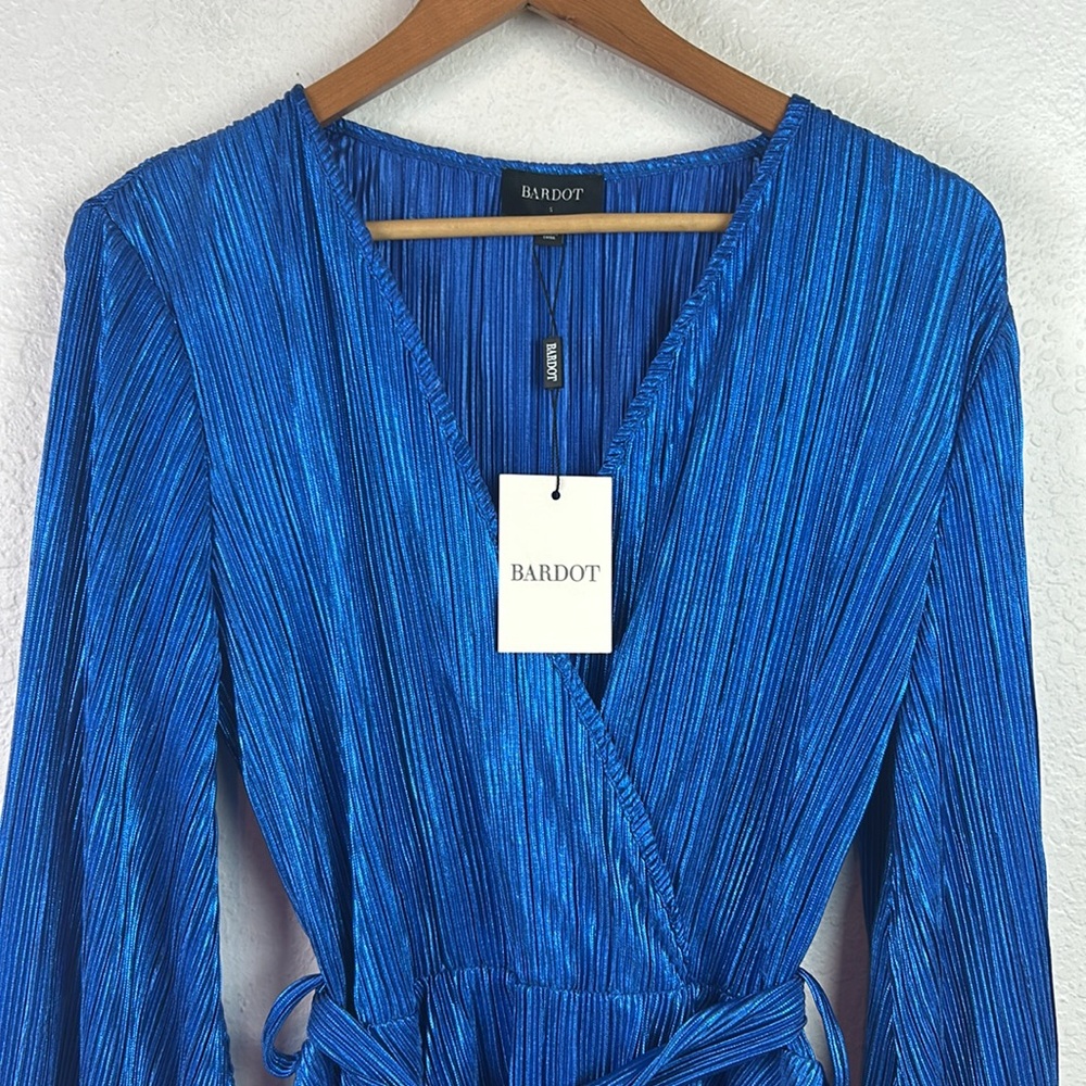 NEW nwt Bardot Bellissa Pleated Faux Wrap Mini Dress Vibrant Blue Metallic - Picture 4 of 8